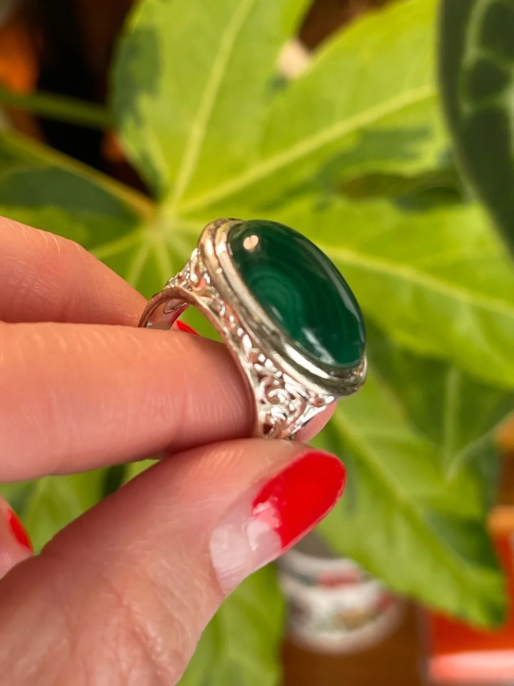 Sterling Silver Malachite Cabochon Estate Ring – Ornate Filigree – Size 6